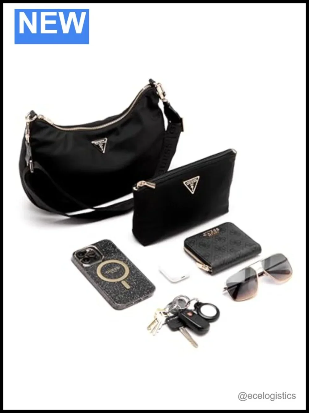 Nylon Hobo Shoulder Bag with Gold Hardware, Zip Pockets